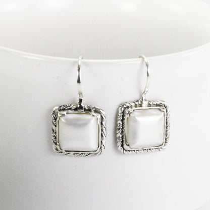 Square Pearl Earrings dangle 925 sterling, long earrings dangle with pearl, white mabe pearl earrings