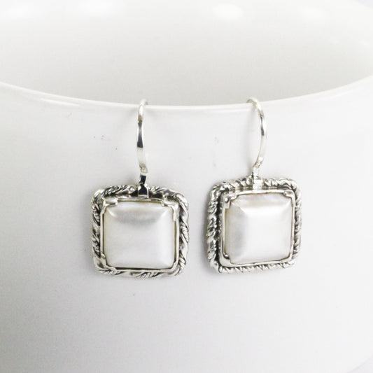 Square Pearl Earrings dangle 925 sterling, long earrings dangle with pearl, white mabe pearl earrings