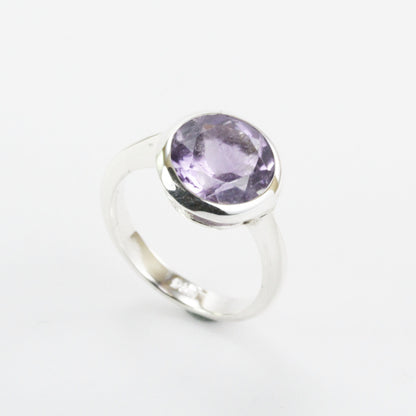 Round Amethyst solitaire ring for women 11 mm round handmade bezel set in 925 sterling silver
