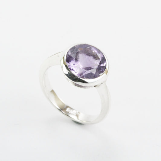 Round Amethyst solitaire ring for women 11 mm round handmade bezel set in 925 sterling silver