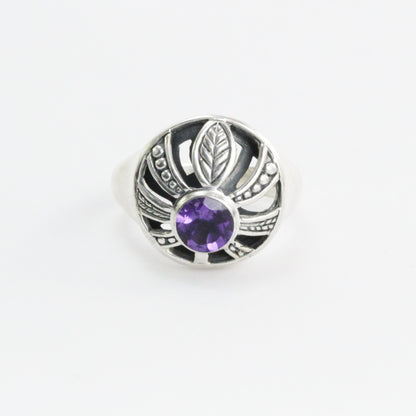 Palm tree ring 925 sterling silver with genuine amethyst and white shell