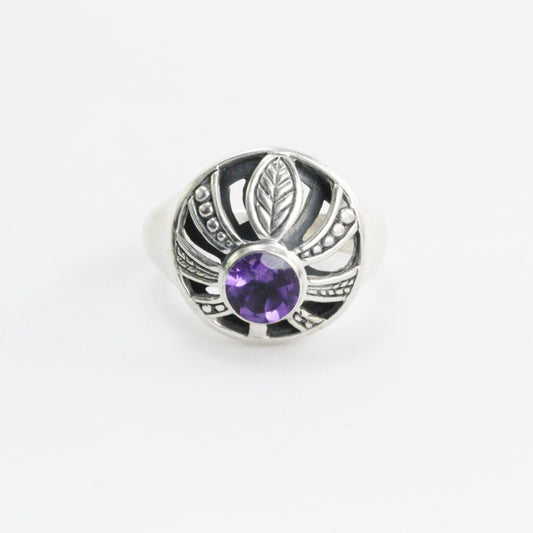 Palm tree ring 925 sterling silver with genuine amethyst and white shell