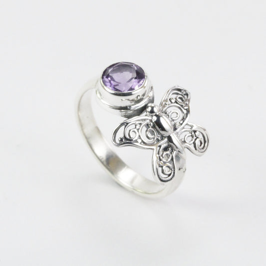 bypass ring 925 sterling silver with amethyst and filigree butterfly