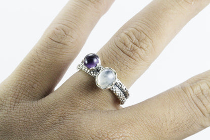 Two stone ring 925 sterling silver moonstone and amethyst, stackable ring filigree