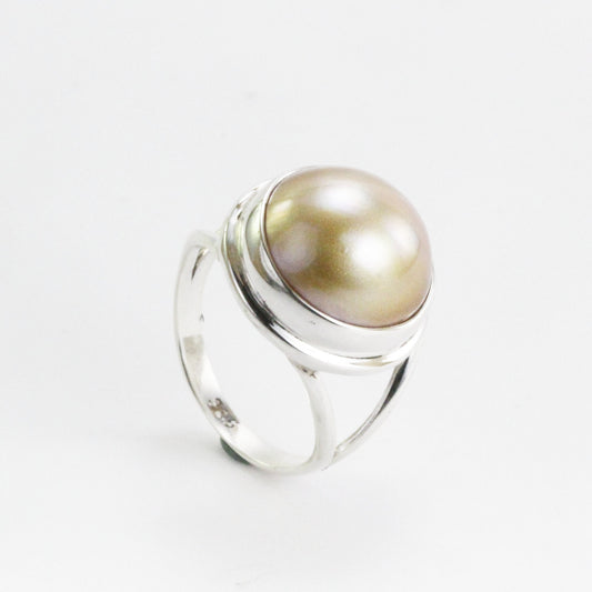 Golden mabe pearl 16 mm set in 925 sterling silver ring, handmade split band ring with gold mabe pearl