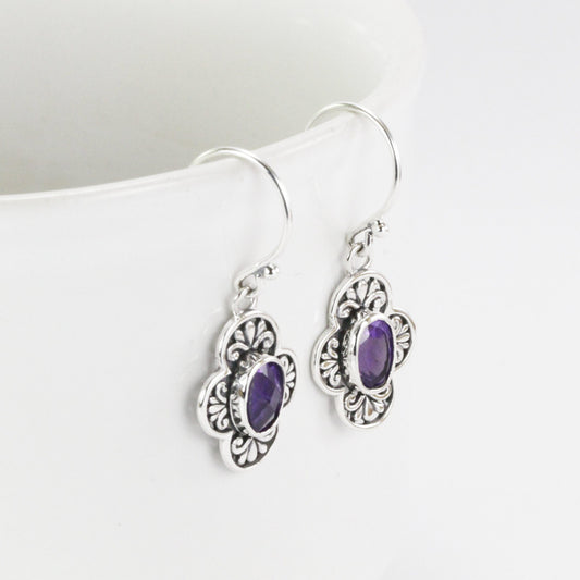 Amethyst earrings 925 sterling silver, flower earrings filigree dangle