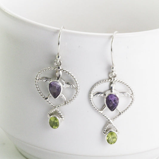 turtle earrings 925 sterling silver for women with amethyst and peridot