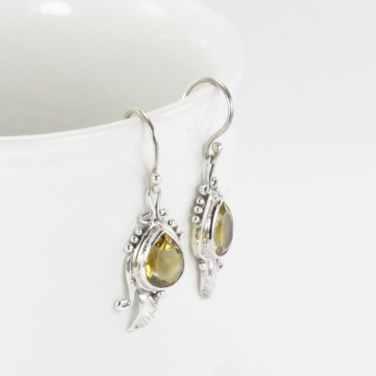 Leaf earrings 925 sterling silver dangle with genuine yellow citrine, teardrop earrings