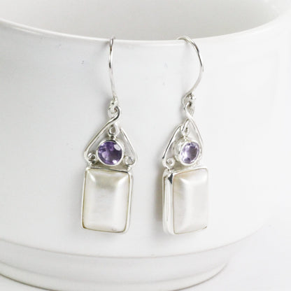 white mabe pearl earrings dangle 925 sterling silver with genuine amethyst,