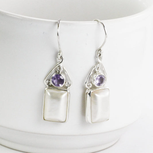 white mabe pearl earrings dangle 925 sterling silver with genuine amethyst,