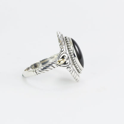 marquise shape ring in 925 sterling silver, two tone ring, cable shank ring, black shell ring