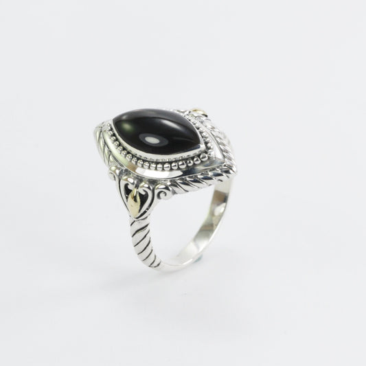 marquise shape ring in 925 sterling silver, two tone ring, cable shank ring, black shell ring