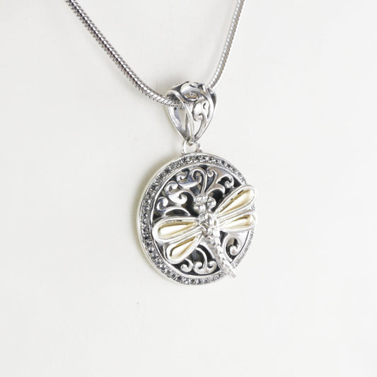 Dragonfly necklace pendant in 925 sterling silver, round silver pendant, two tone pendant