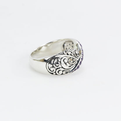 Wide band ring ring in 925 sterling silver, amethyst ring, swirl filigree ring,