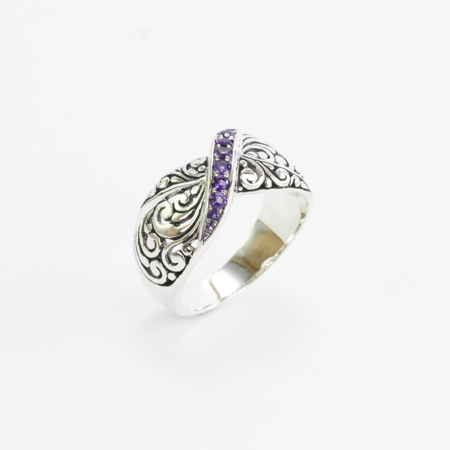 Wide band ring ring in 925 sterling silver, amethyst ring, swirl filigree ring,