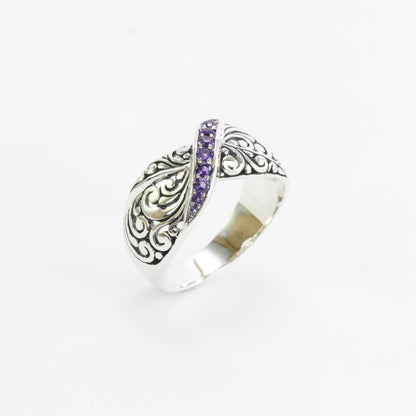 Wide band ring ring in 925 sterling silver, amethyst ring, swirl filigree ring,
