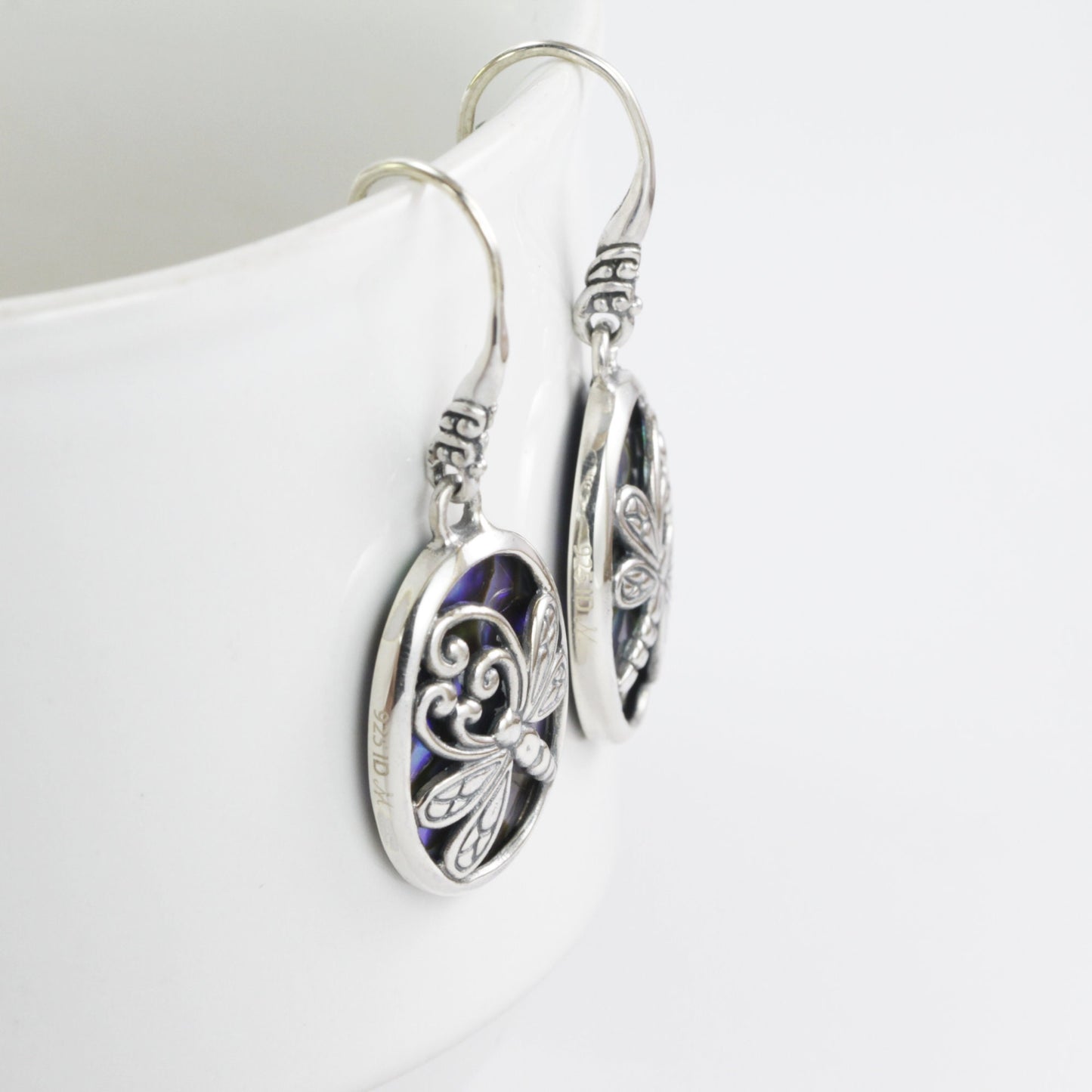 Abalone Shell earrings dangle set in 925 sterling silver, dragonfly earrings dangle