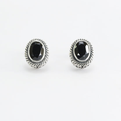 Black Onyx stud earrings set in 925 sterling silver, oval stone stud earrings, two tone stud