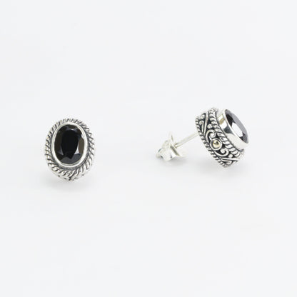 Black Onyx stud earrings set in 925 sterling silver, oval stone stud earrings, two tone stud