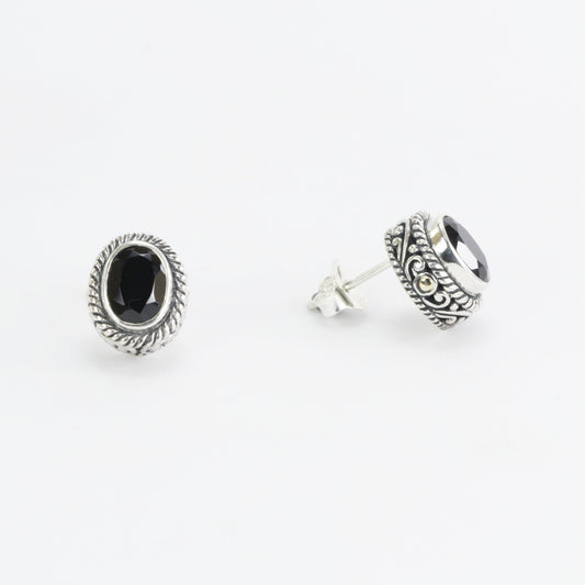 Black Onyx stud earrings set in 925 sterling silver, oval stone stud earrings, two tone stud