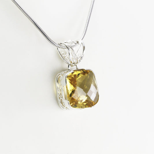 Yellow Citrine Large Pendant necklace dangle set in 925 sterling silver, Cushion pendant