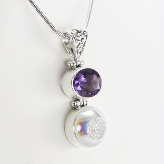 Amethyst pendant necklace in 925 sterling silver, Druzy pendant necklace