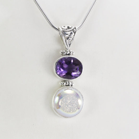 Amethyst pendant necklace in 925 sterling silver, Druzy pendant necklace