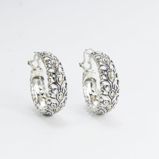 Hoop Earrings 925 sterling silver decorated with Swirl Filigree art and omega closure for women