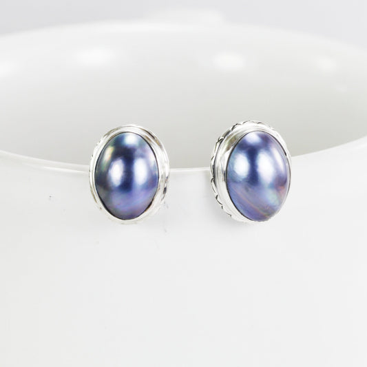 oval mabe pearl earrings stud set in 925 sterling silver, white mabe earrings stud, pink mabe earrings