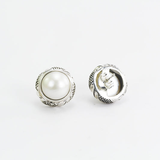 White mabe pearl earrings stud 925 sterling silver, 13mm round mabe pearl earrings
