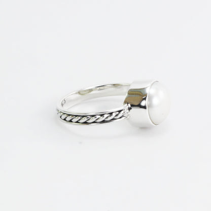 Fresh water pearl ring set in 925 sterling silver, cable rope ring with pearl
