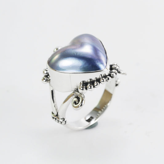 Heart shape blue mabe pearl ring 925 sterling silver, split shank ring