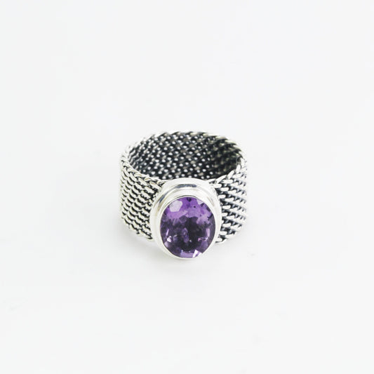 woven chain ring 925 sterling silver with genuine amethyst, citrine ring
