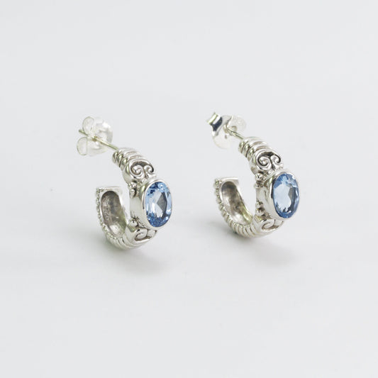 Hoops earrings 925 sterling silver with genuine oval swiss blue topaz bezel set