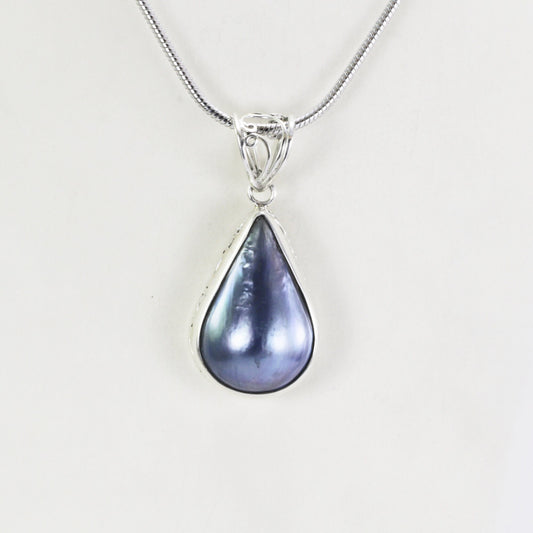 Blue Mabe pendant teardrop shape set in 925 sterling silver, peacock mabe pendant,