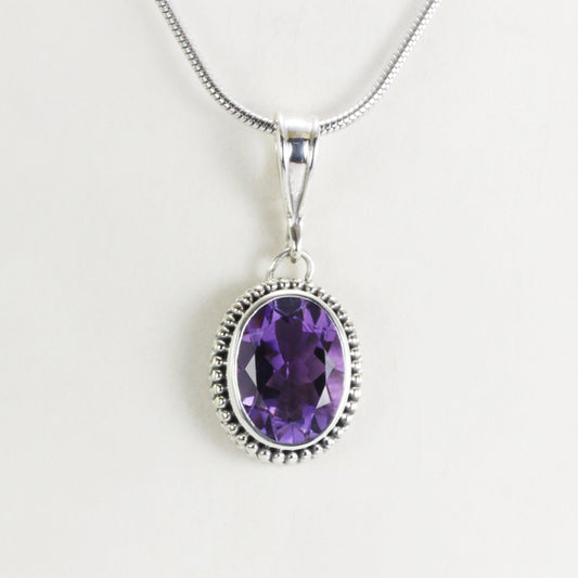 Amethyst Pendant Necklace double bezel set 925 sterling silver, 10*13 mm oval amethyst