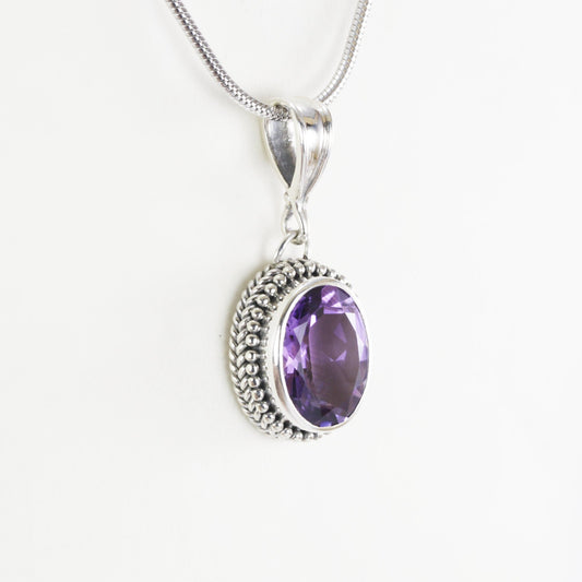 Amethyst Pendant Necklace double bezel set 925 sterling silver, 10*13 mm oval amethyst