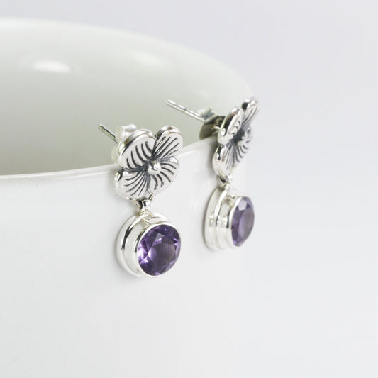 flower earrings studs dangle with genuine round 7 mm Amethyst