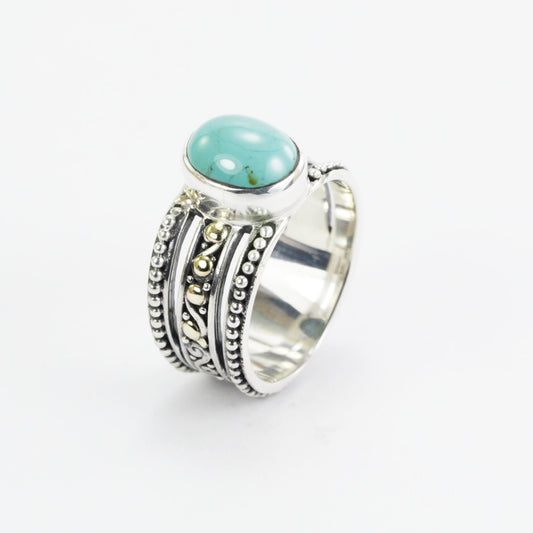 Turquoise ring 925 sterling silver with 18K gold accent and filigree art, amethyst ring, citrine ring, wide band ring