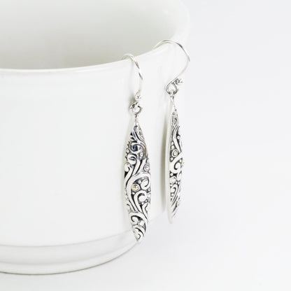 Marquise earrings dangle drop 925 sterling silver decorated with 18k gold accent and swirl filigree art