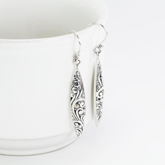 Marquise earrings dangle drop 925 sterling silver decorated with 18k gold accent and swirl filigree art