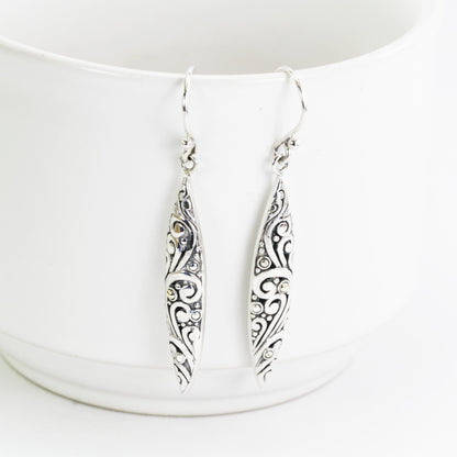 Marquise earrings dangle drop 925 sterling silver decorated with 18k gold accent and swirl filigree art