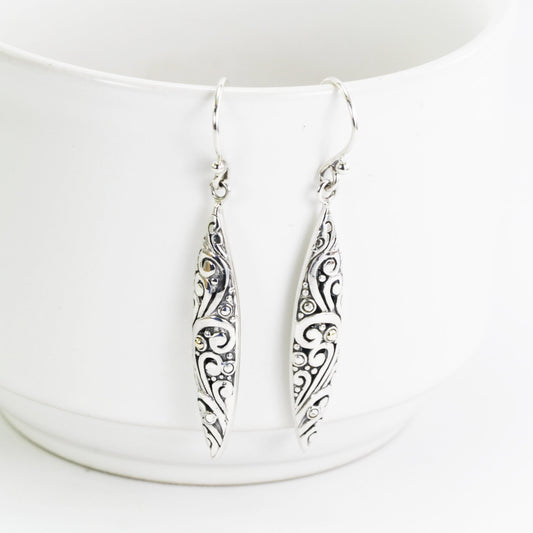Marquise earrings dangle drop 925 sterling silver decorated with 18k gold accent and swirl filigree art