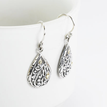 tear drop earrings 925 sterling silver decorated with 18K gold accent and swirl filigree open work
