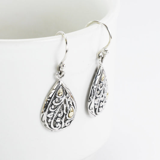tear drop earrings 925 sterling silver decorated with 18K gold accent and swirl filigree open work