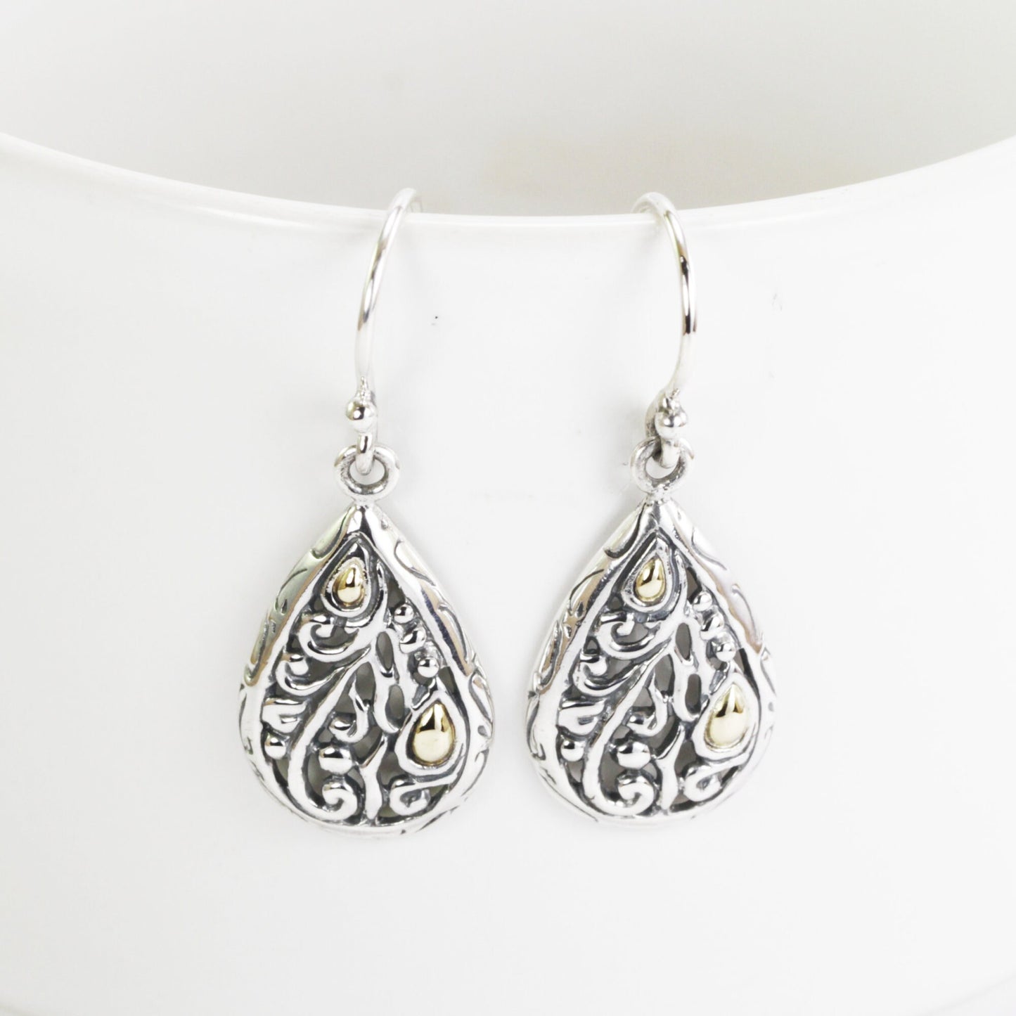 tear drop earrings 925 sterling silver decorated with 18K gold accent and swirl filigree open work