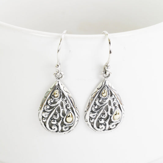 tear drop earrings 925 sterling silver decorated with 18K gold accent and swirl filigree open work
