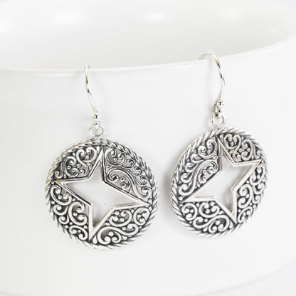 openwork circle earrings dangle drop 925 sterling silver, filigree earrings, cable rope earrings