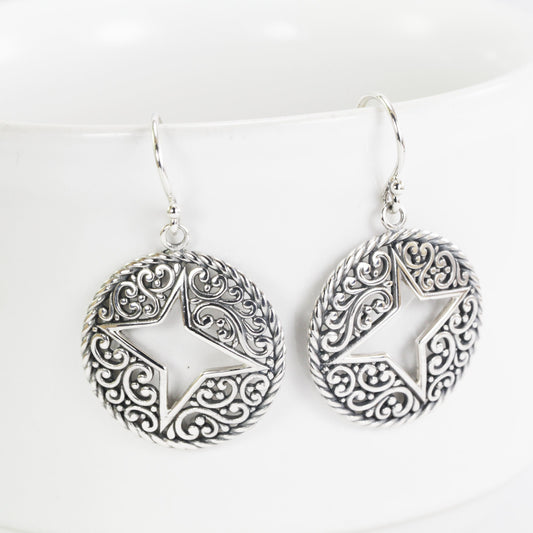 openwork circle earrings dangle drop 925 sterling silver, filigree earrings, cable rope earrings