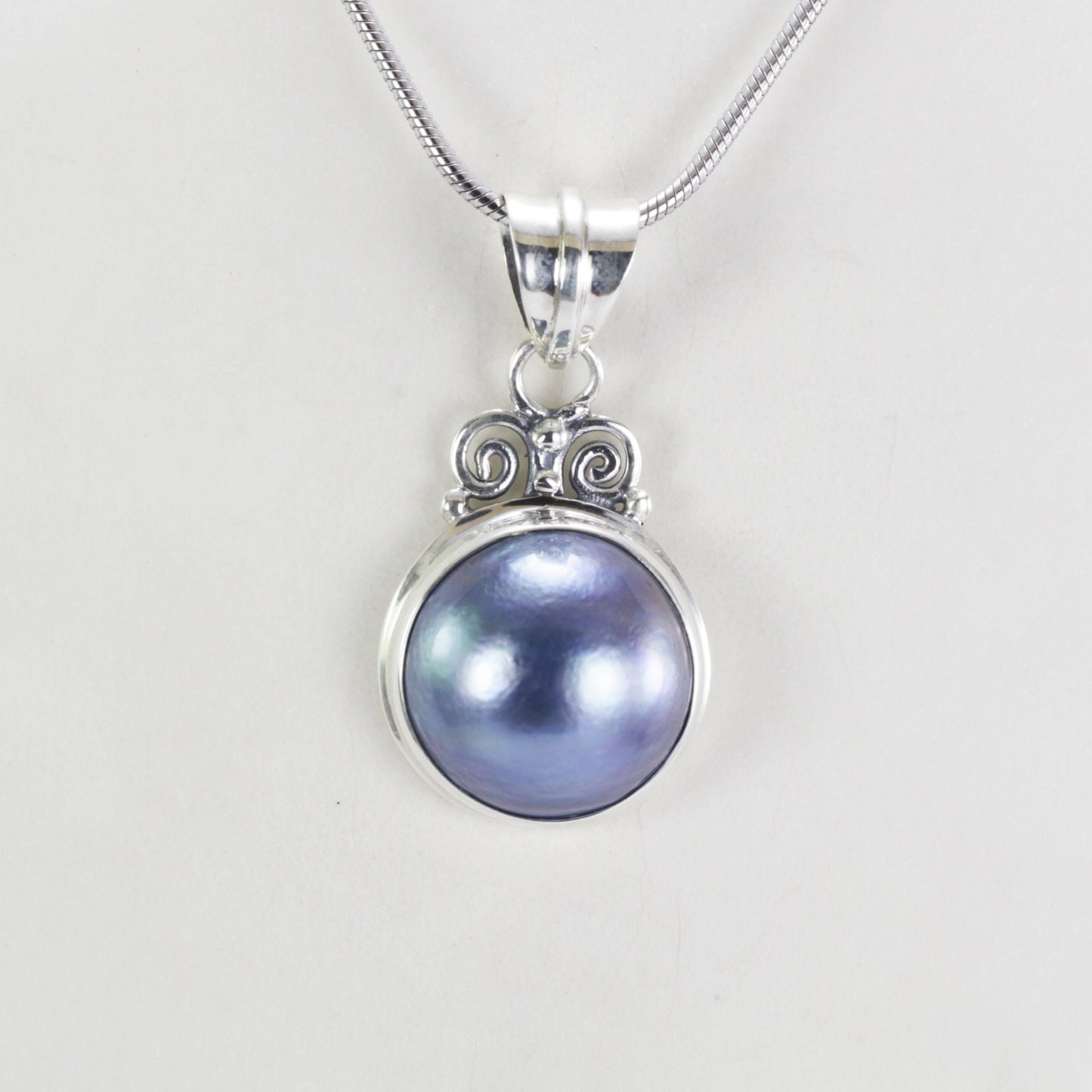 Blue mabe pearl necklace pendant set in 925 sterling silver, round mabe pendant